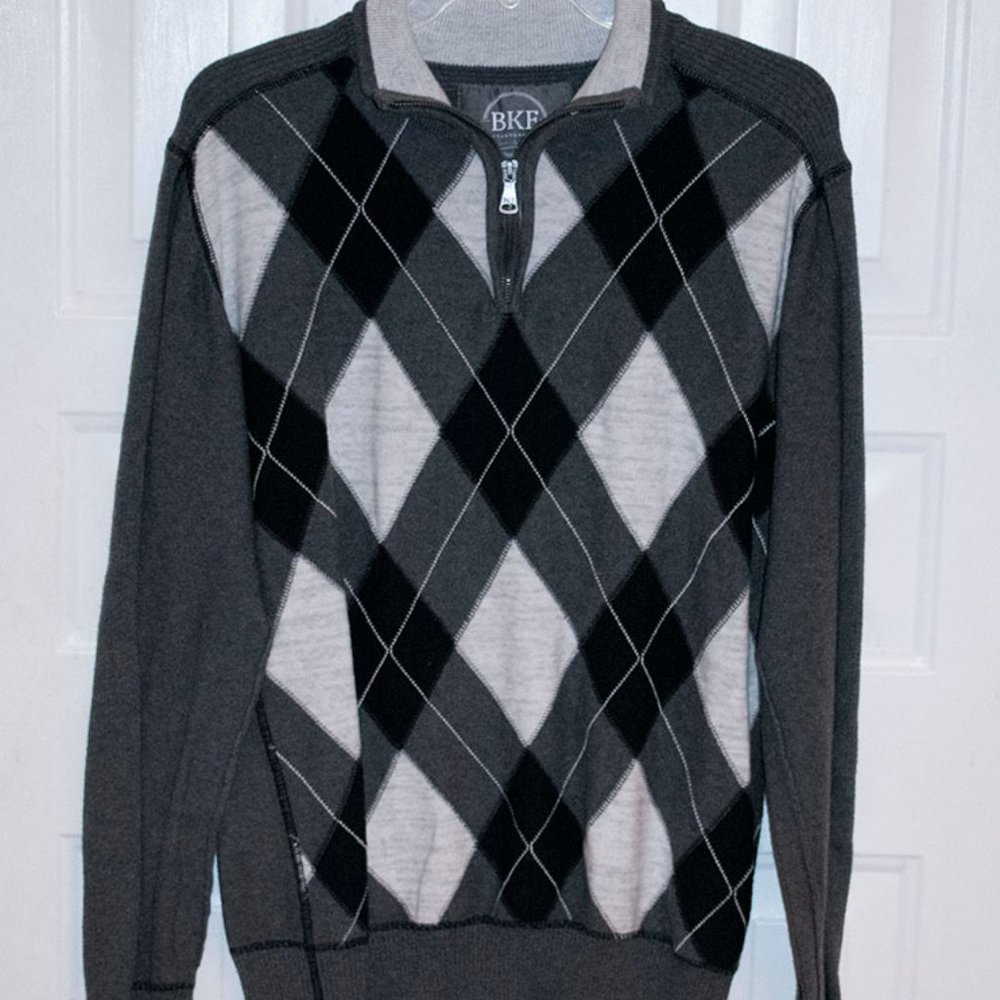 BKE Mens Gray Black Argyle 1/4 Zip Sweater
